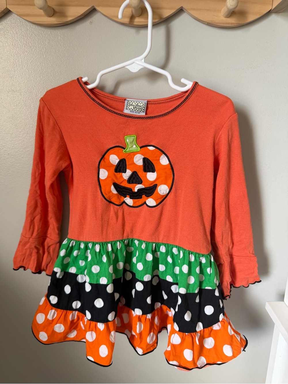Ann Loren Girls 5 Orange Pumpkin Polka Dot Ruffle Tunic Blouse Long Sleeve